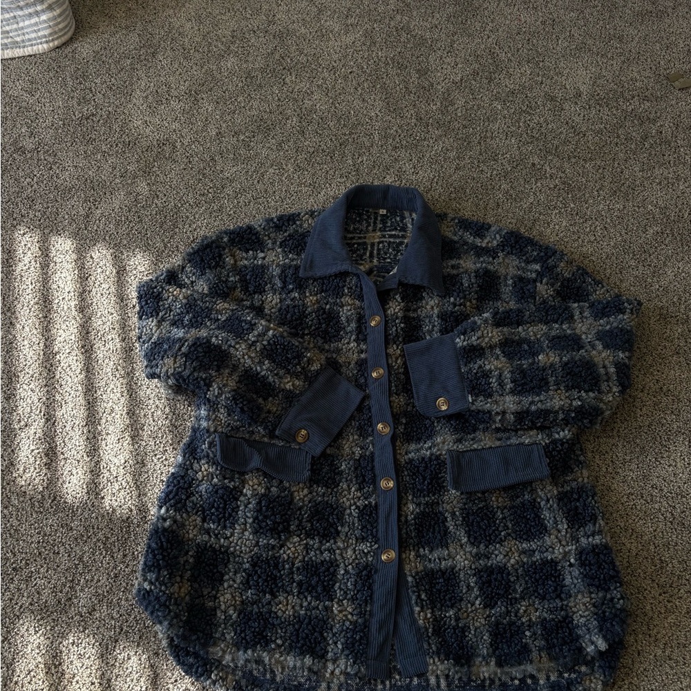Plaid Teddy Button Down Oversized Shacket - Blue … - image 8